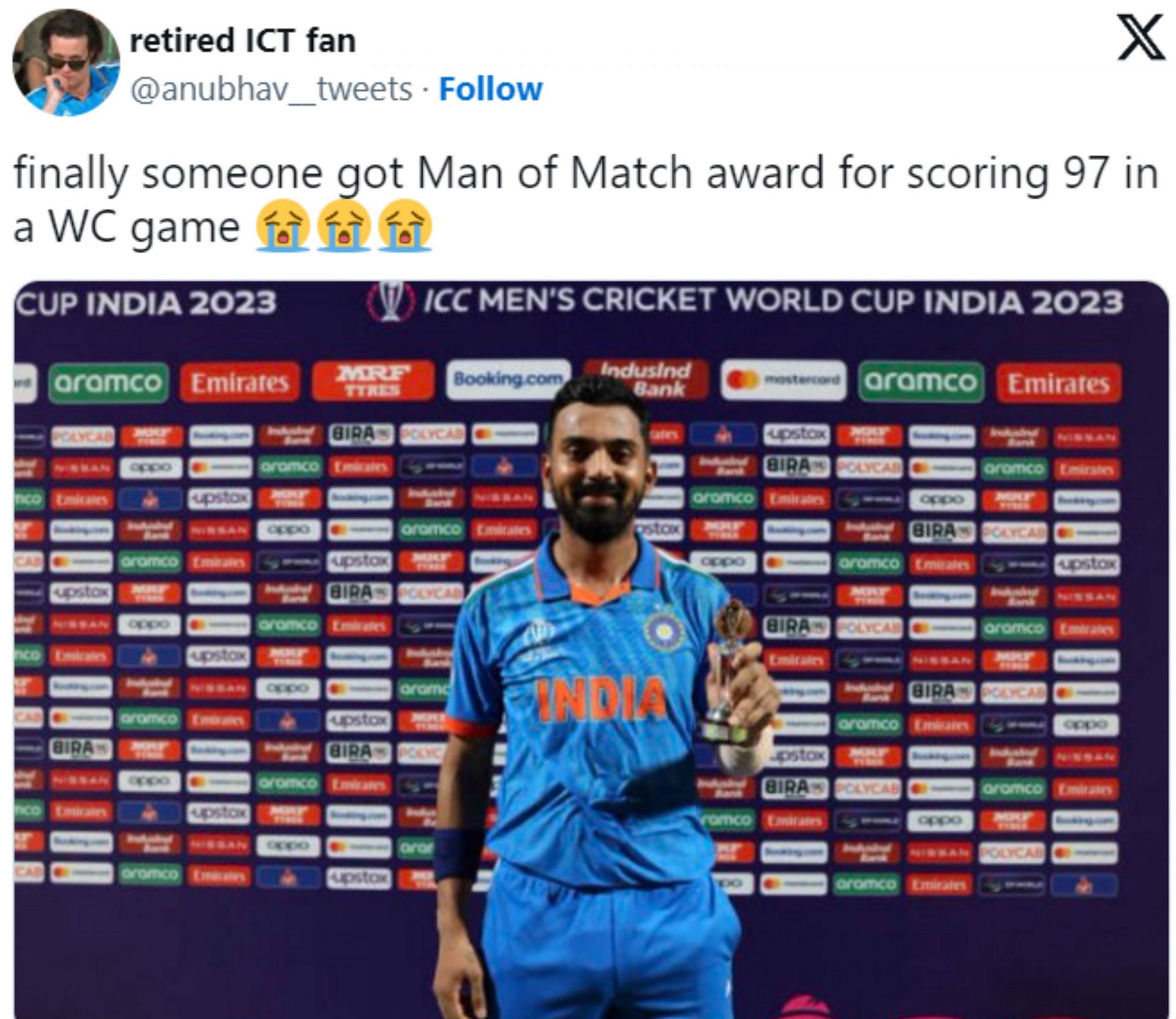 A fan shared the meme after KL Rahul's knock on Sunday.